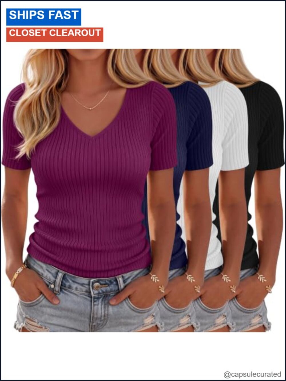 NEER 4 Pack V Neck Cotton Ribbed T-Shirts Slim Fit Short Sleeve Tees